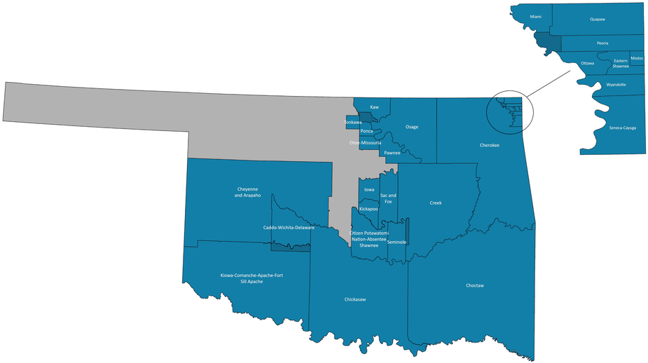 Map 1 shows the tribal areas within Oklahoma.