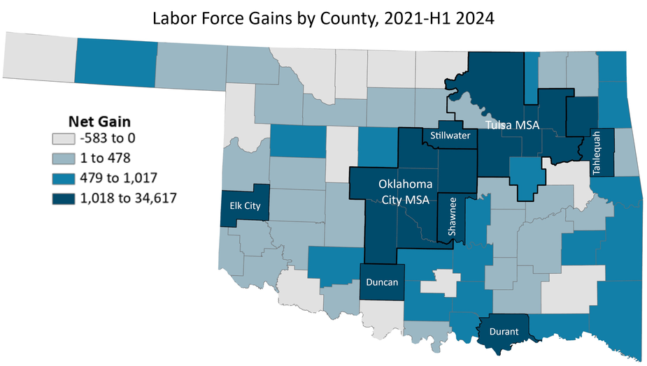 Map 1 is a map of Oklahoma showing labor force growth by county from 2021 to the first half of 2024 in quartiles.