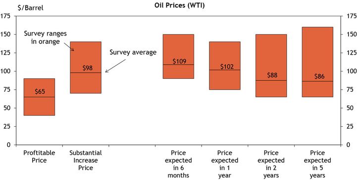 Firms were asked what oil and natural gas prices were needed on average for drilling to be profitable across the fields in which they are active. The average oil price needed was $65 per barrel, while the average natural gas price needed was $4.64 per million Btu.