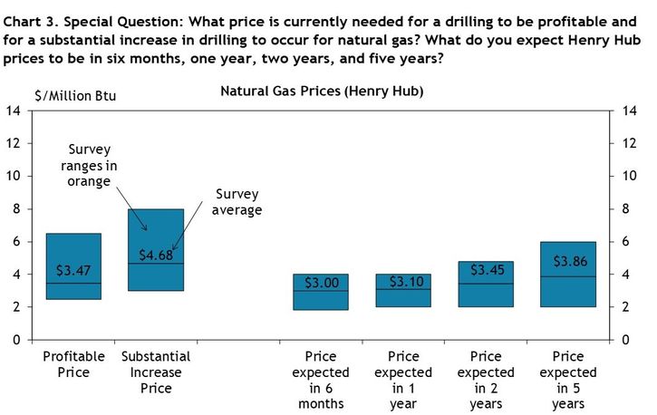 Firms were asked what natural gas prices were needed on average for drilling to be profitable and for a substantial increase to occur across the fields in which they are active, as well as their price expectations in six months, 1 year, 2 years, and 5 years. Chart 3 shows the average natural gas prices and ranges that firms reported.