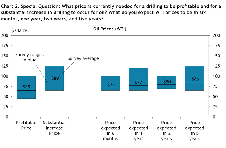 Firms were asked what oil prices were needed on average for drilling to be profitable and for a substantial increase to occur across the fields in which they are active, as well as their price expectations in six months, 1 year, 2 years, and 5 years. Chart 2 shows the average oil prices and ranges that firms reported.