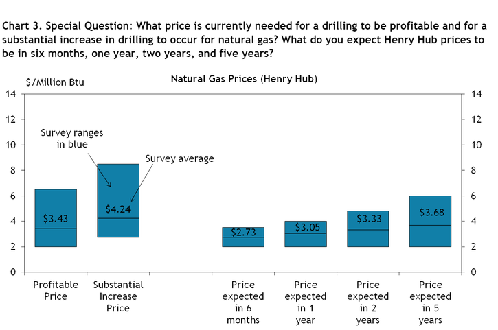 Firms were asked what natural gas prices were needed on average for drilling to be profitable and for a substantial increase to occur across the fields in which they are active, as well as their price expectations in six months, 1 year, 2 years, and 5 years. Chart 3 shows the average natural gas prices and ranges that firms reported.