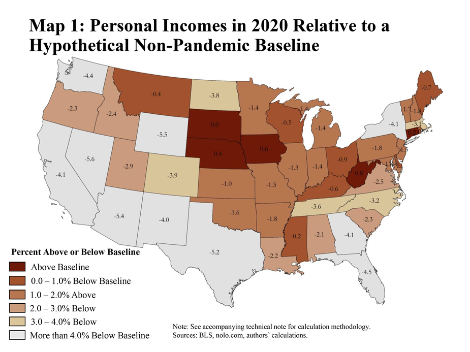 Map 1: Personal incomes in 2020 relative to a hypothetical non-pandemic baseline is a map of the lower 48 states of the United States. Each state has a value showing total 2020 income as a percentage relative to the non-pandemic baseline. The accompanying technical note has additional details pertaining to the calculation methodology. The sources are the BLS, nolo.com, and the authors’ calculations.