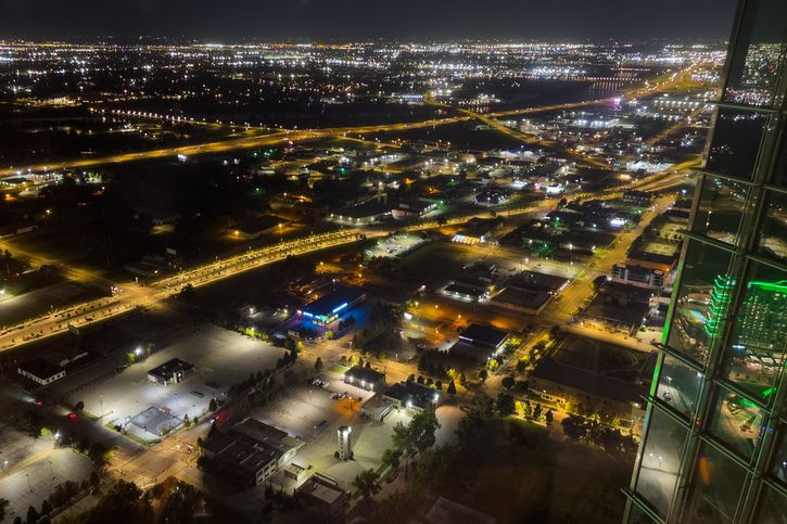 The photo is of Oklahoma City at night, taken from the air.