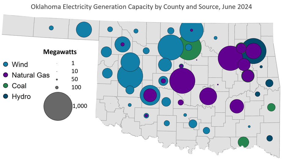 A map of Oklahoma showing electricity generation capacity by county and by source as of June 2024.