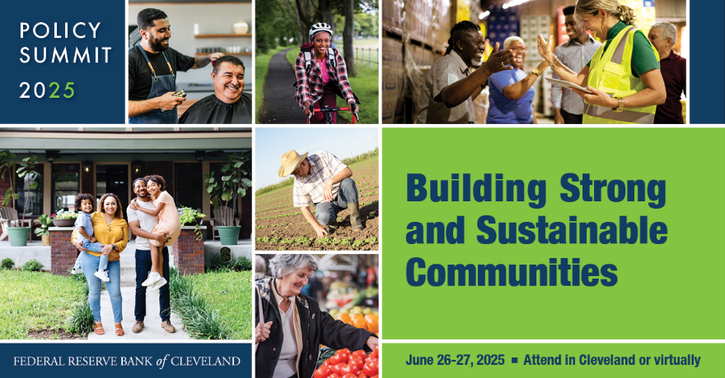 The promotional graphics for Policy Summit 2025 says Building Strong and Sustainable Communities, and has photos of people interacting with their neighbors and others.