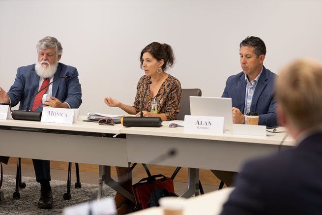 From left to right, seated at a conference table, there is a White man with a bushy white beard wearing a blue suit and red tie, a dark-haired White woman wearing a gold print jacket is talking, and a black-haired Hispanic man in a blue shirt and dark blue suit is listening.